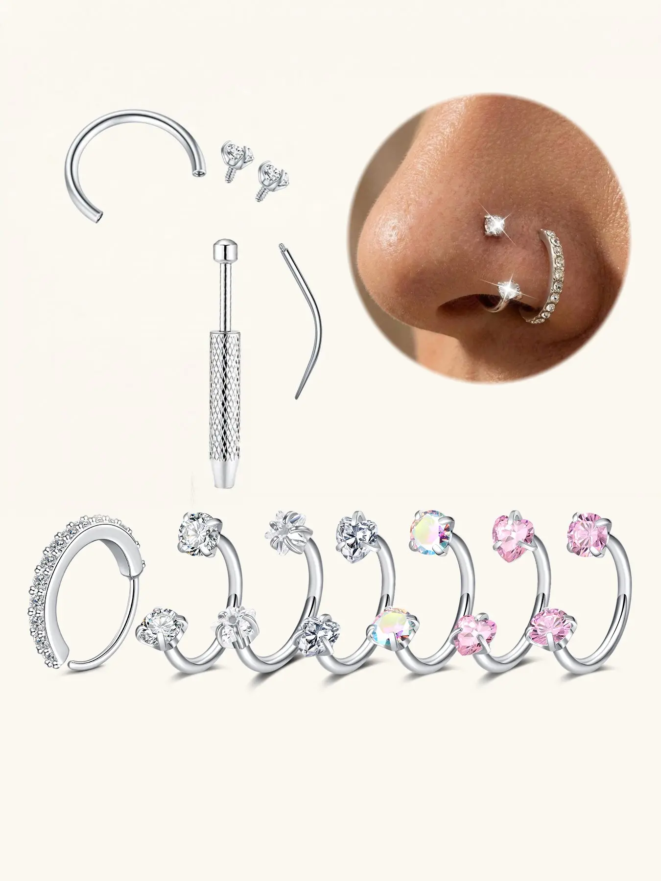 316L Stainless Steel CZ Horseshoe Nose Ring, Hypoallergenic Internally Threaded Septum Hoop, 18G/20G 8mm, Cubic Zirconia Body Piercing Jewelry for Women & Men, Ideal for Nose, Cartilage & Lip Piercings