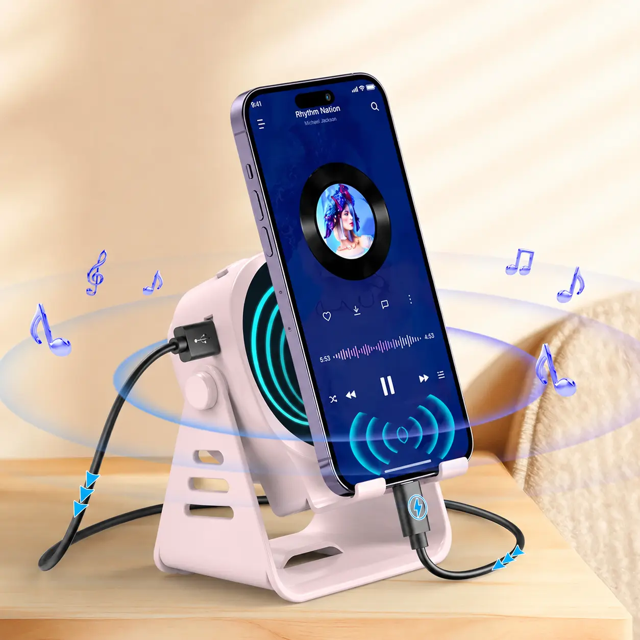 5-in-1 Portable Bluetooth Wireless Speaker Stand with Silicone Phone/Tablet Holder, 3500mAh Rechargeable USB Type-C Emergency Batteries, 360° Adjustable LED Light, Stereo Sound, Camping Accessories - Women's Father’s Day Gift