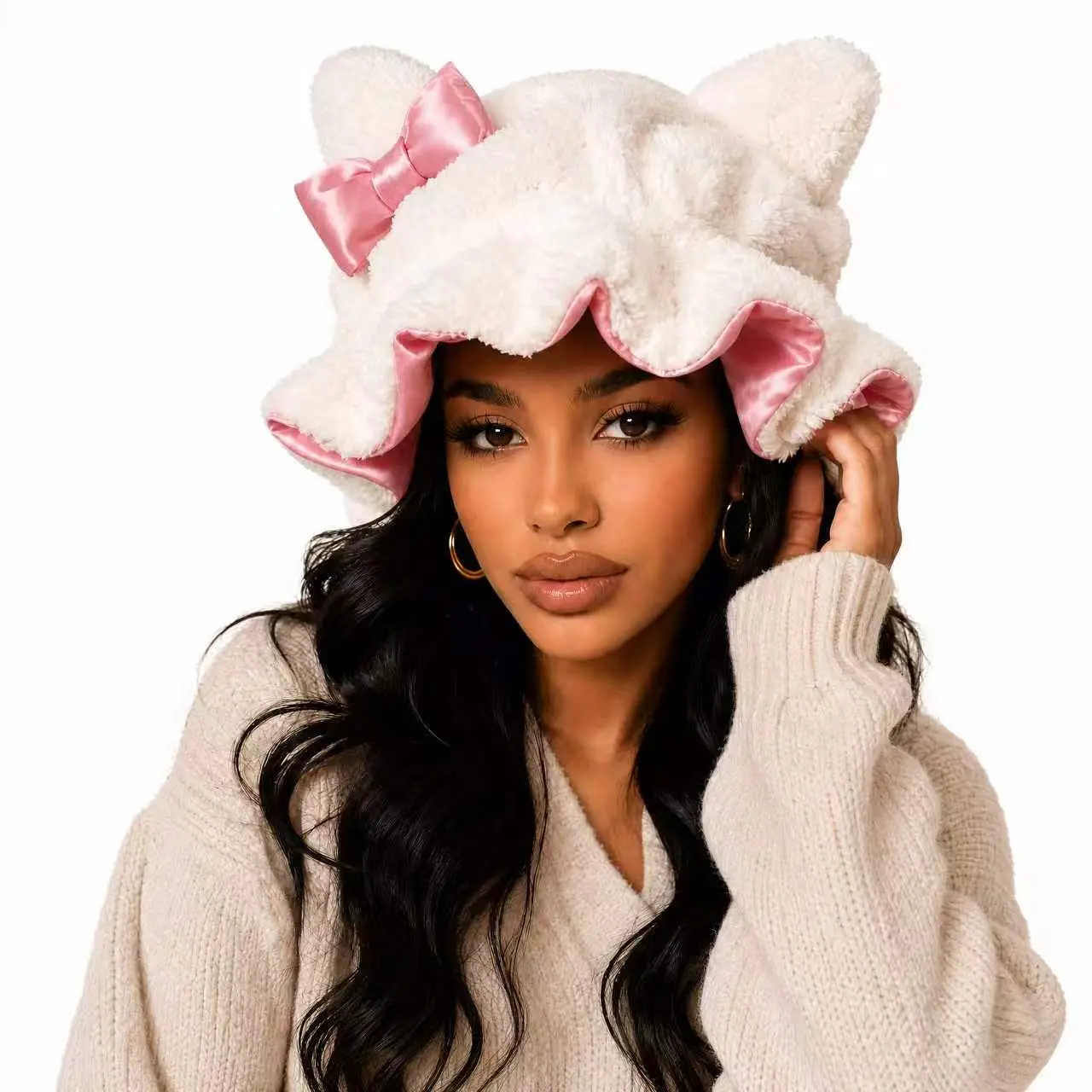 Women's Luxury Double-Layer Teddy Satin Bonnet, Haircare, Adjustable Plush 3D Bonnets, Plush Teddy Satin-Lined Bonnets, Breathable Sleep Bonnet for New Year Parties - Hair Care Cap for Themed Events & Casual Attire, White Options