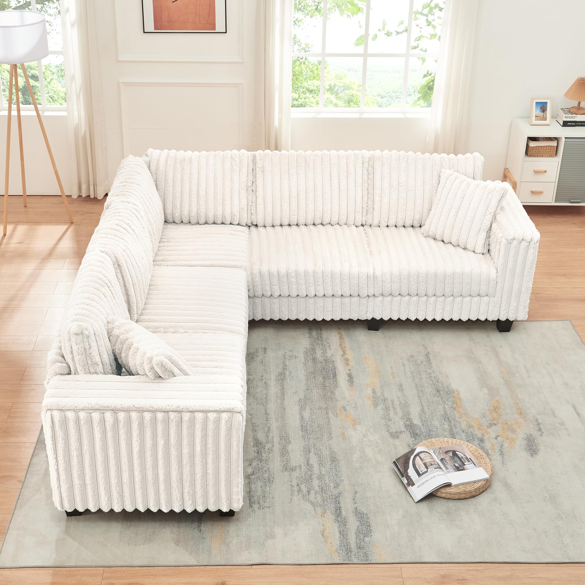 【2 Packages Shipping】Giratree 137" Plush Corduroy Cloud Velvet Modular Couch with Chaise, No Assembly Required L-V-U Shaped Sectional Sofa Set with Flexible Configuration