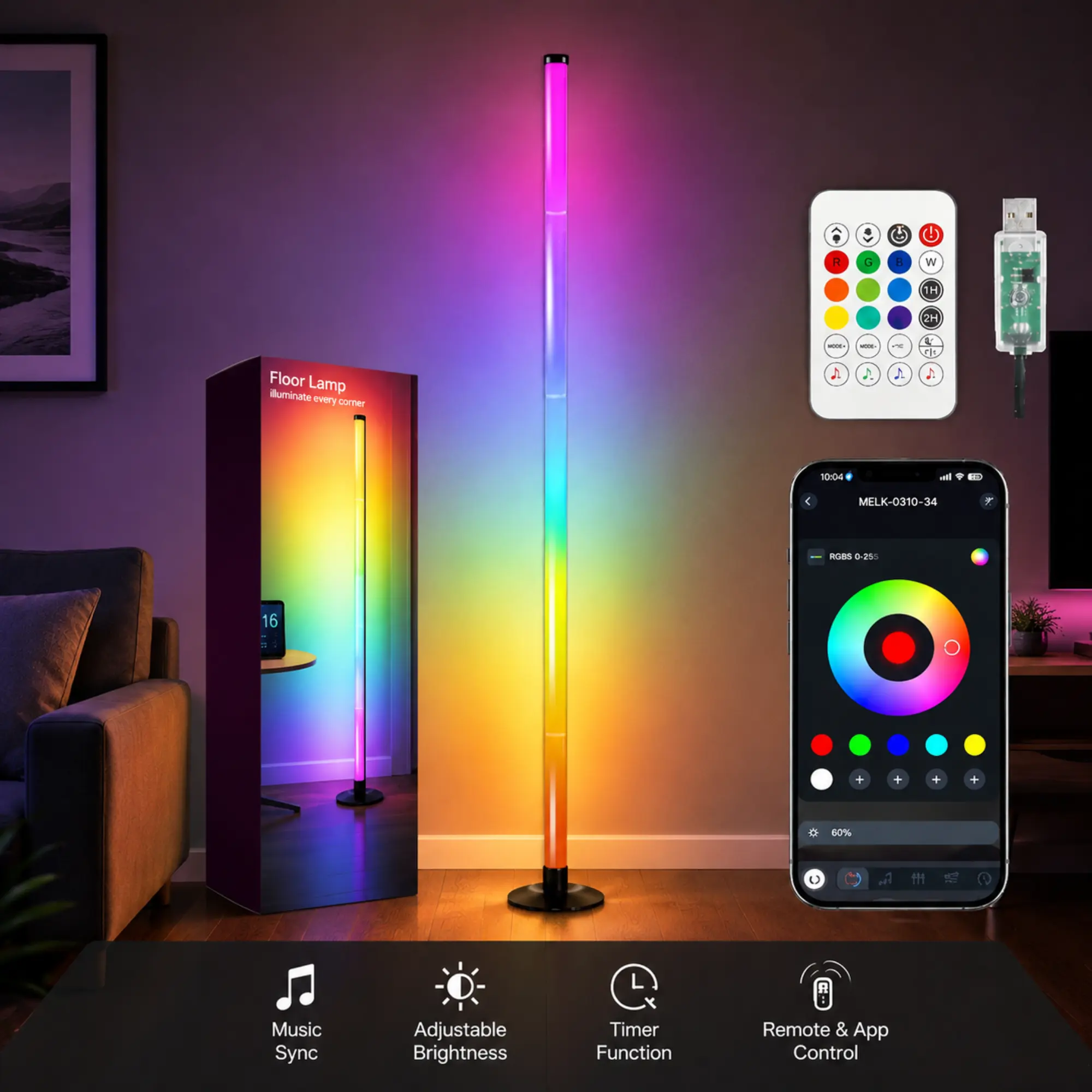 1pc RGB Multi-Color Adjustable LED Floor Lamp | Powered By USB, With Remote Control, Dual Control, Music Synchronization Dimming Function | Suitable For Holiday Living Room Decoration, Game Room, Family Gatherings