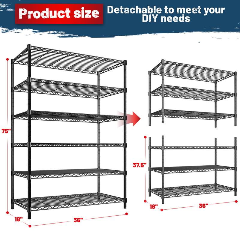 【Garage Corner Shelves】Raybee 6-Tier 75''H Storage Shelves,Adjustable Wire Grid Metal Storage Shelving Units,Versatile Utility Rack for Laundry,Pantry,garage,Kitchen,Bathroom,Conservatory Garden Plant Organiser,35‘’D*18''W*75‘’H,Black