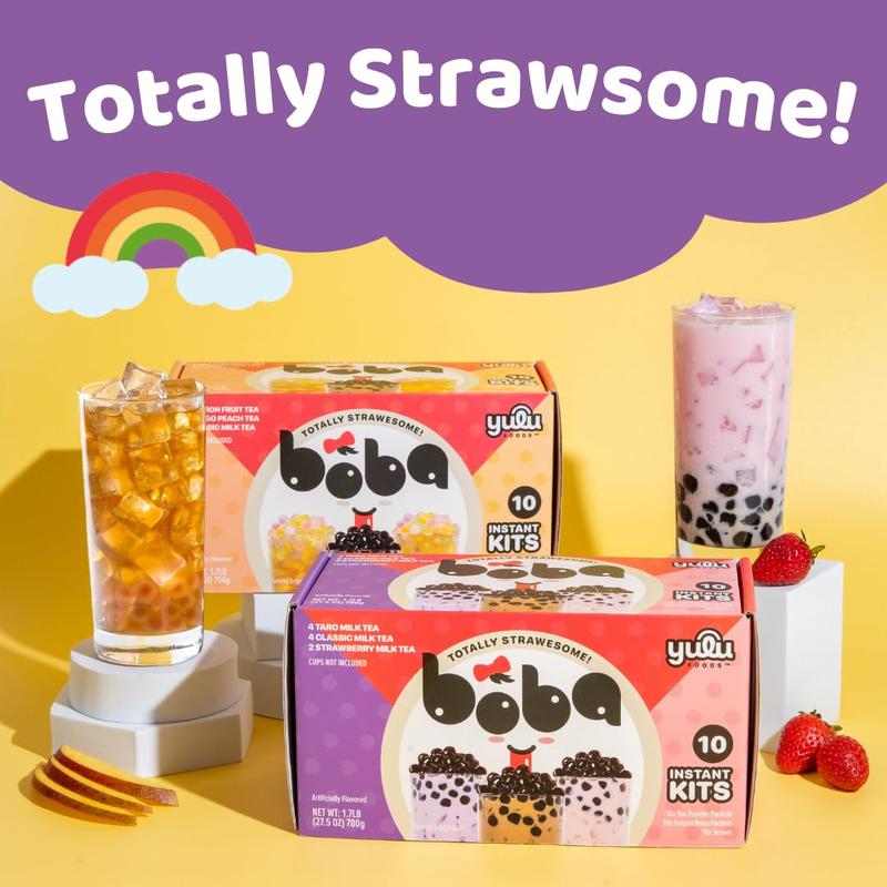 SALE - Boba Bundle Kit 10 Serv. Instant Bubble Pearl Variety Milk Tea Kit with Authentic Brown Sugar Tapioca Pearls by Yulu Foods - Ready in Under 1 Minute, Includes Paper Straws - Gift Box, Holiday (Classic, Taro and Strawberry)