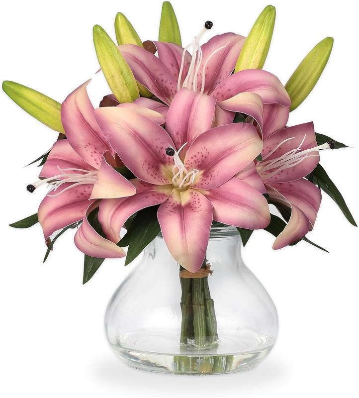 6-Pack Realistic Silk Lilies Artificial Flowers with Glass Vase – Lifelike Faux Lily Bouquet for Home Wedding Office Decor,No Maintenance,Bendable Stems,Ready to Display