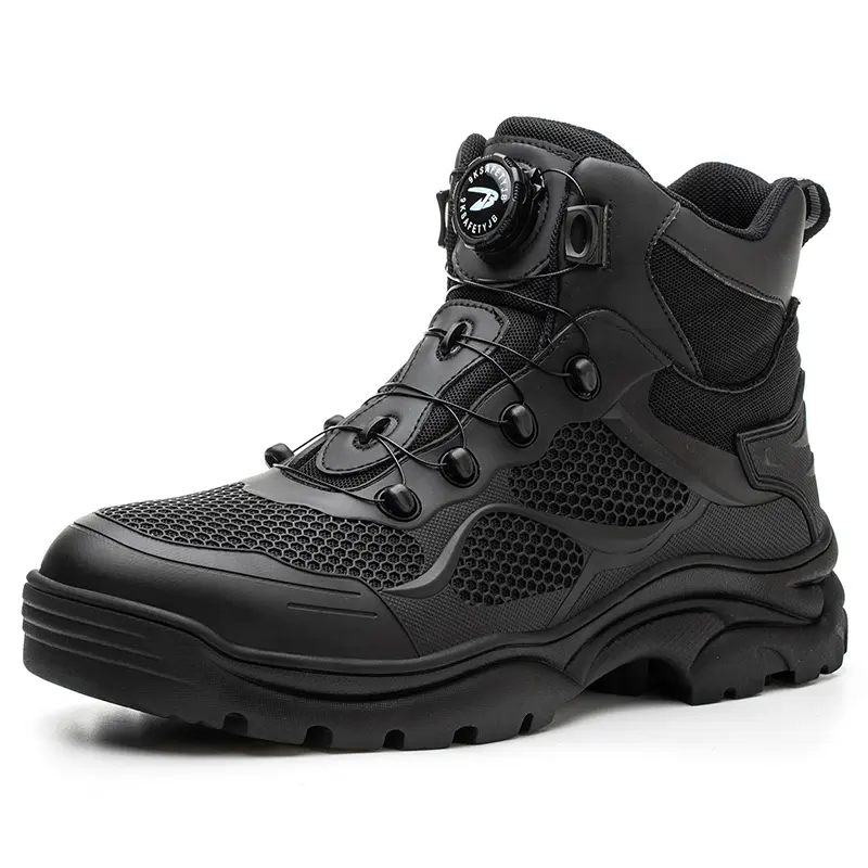 Indestructible Steel Toe Work Boots Men Lightweight Breathable Safety Shoes Anti Smashing Steel Toe Cap Kevlar Puncture Proof Outsole Non Slip Rubber Sole Swivel Button Closure Quick Fast Lace Construction Industrial Work Sneakers High Top Black
