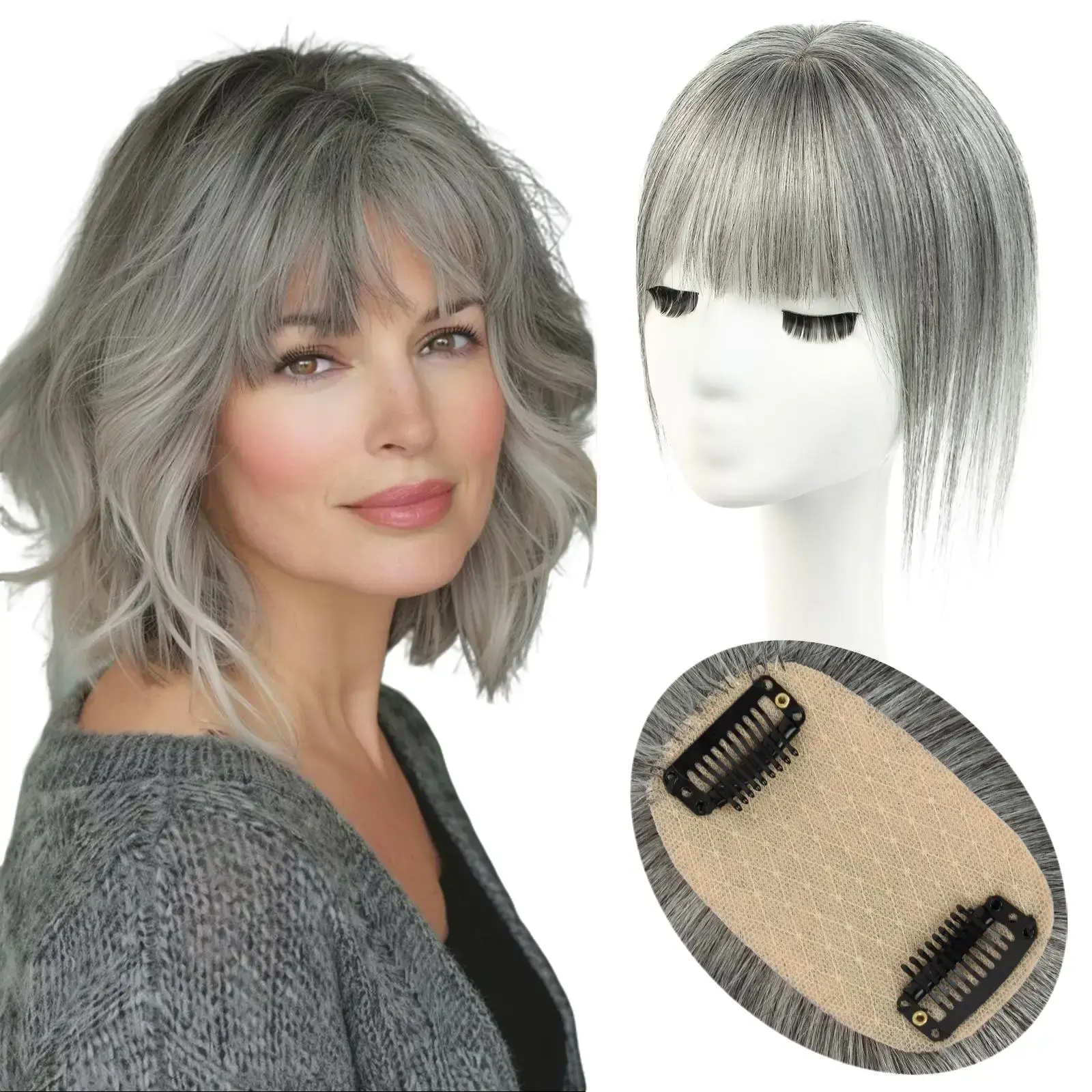 Human Hair Topper with Bangs Clip for Thinning Hair Volume 10 Inch Glueless Real Human Hair Topper with Bangs, 3×4.5  main image 2