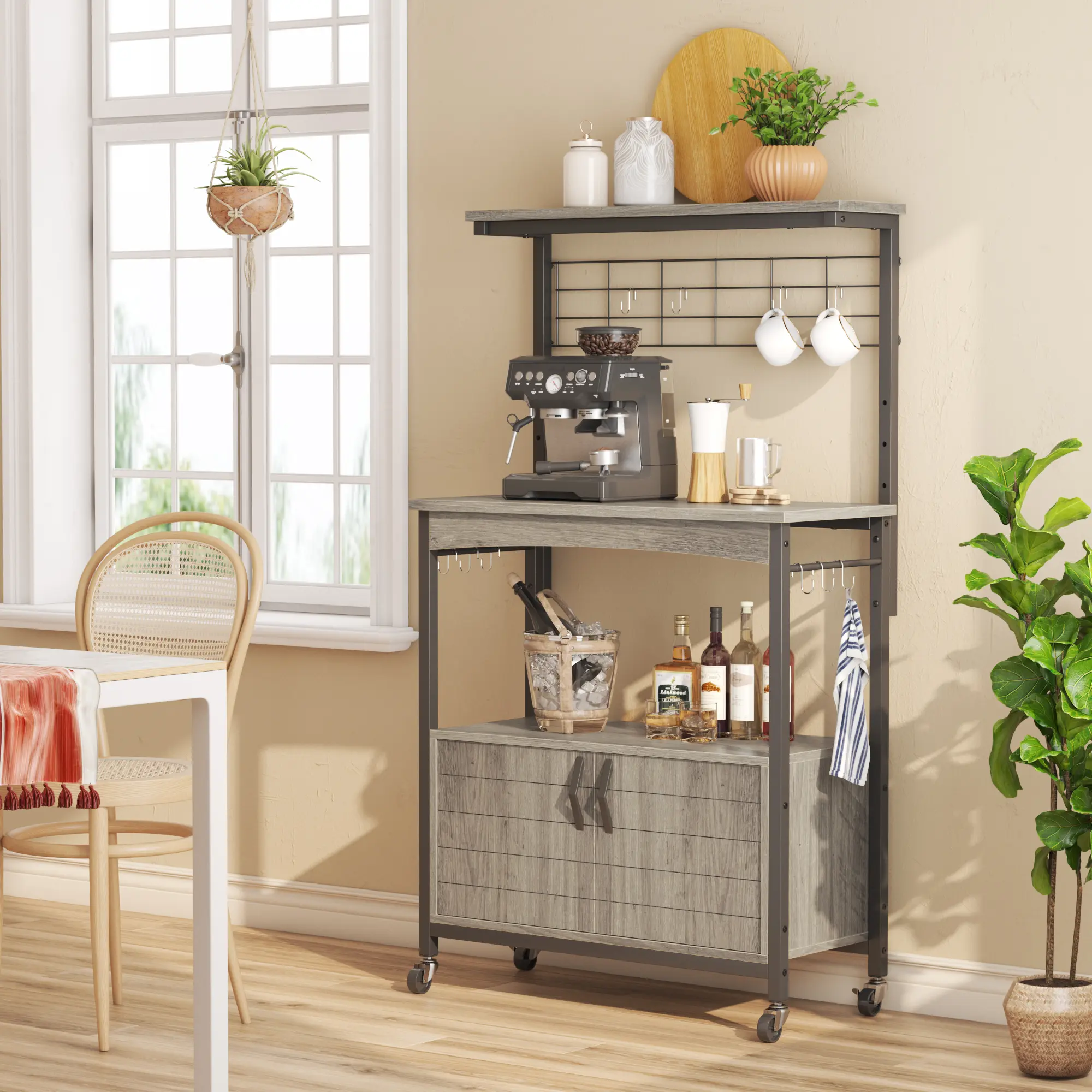 3-Tier Baker's Rack with Cabinet, Kitchen Storage Shelves, Microwave Oven Stand, Coffee Bar with Hooks in Grey