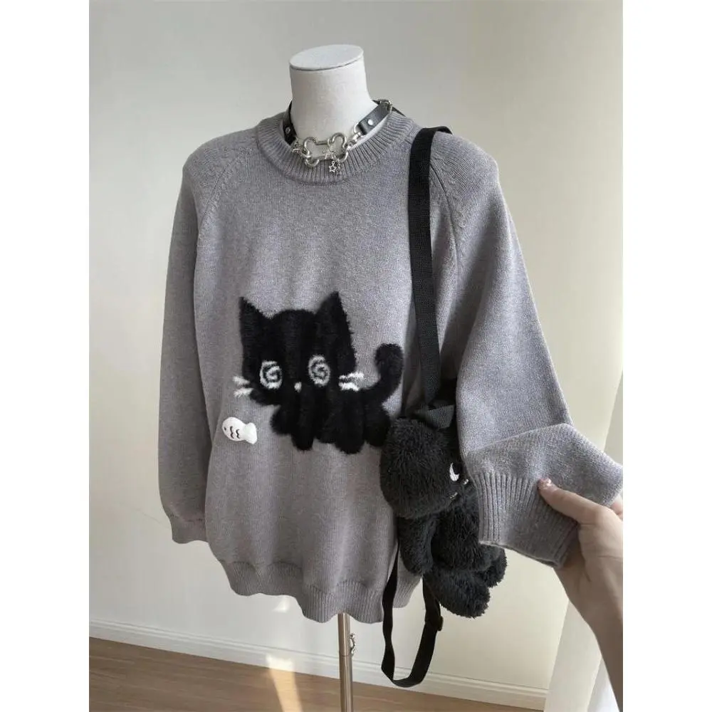 Gray Cute Cat O-neck Knit Elegant Pullover Woman 2024 Winter Design Harajuku Tops Feamale Y2k Long Sleeve Retro Sweaters Mujer