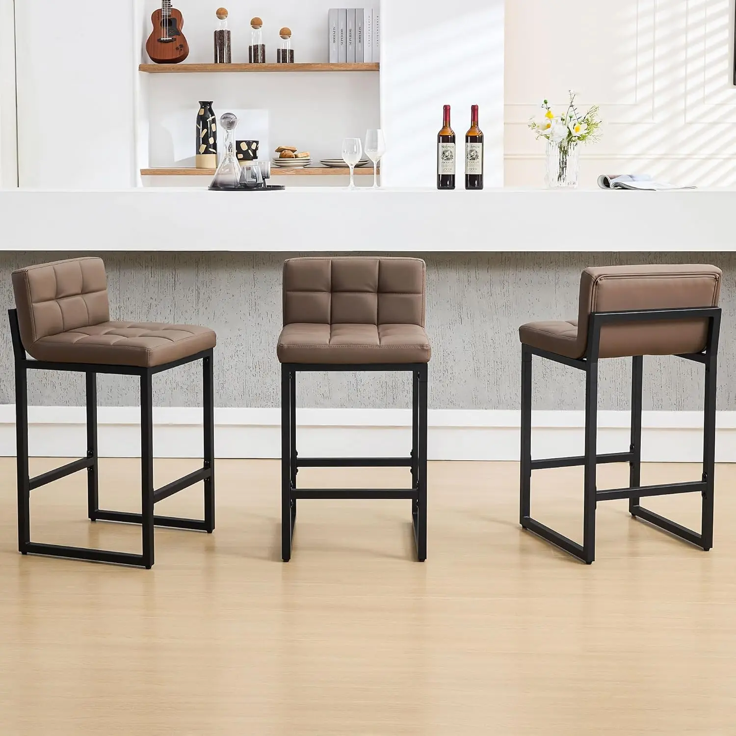 FIRAVOE Barstools Set - Modern Artificial Leather Counter-Height Low-Back Stools with Footrest, Upholstered Indoor Furniture Barstools for Kitchen Island, Barstool, Artificial Leather Barstools,dorm essentials,home decor
