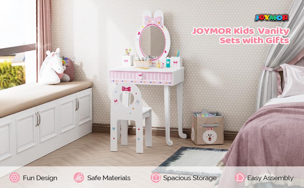 JOYMOR Kids Vanity Set with Mirror, 2-in-1 Design, Toddler Vanity w/a Drawer, Storage Box, 7 pcs Make up Accessories, Kids Vanity Table and Chair Set (White) JOYMOR Kids Vanity Set with Mirror, 2-in-1 Design, Toddler Vanity w/a Drawer, Storage Box, 7 pcs Make up Accessories, Kids Vanity Table and Chair Set (White)