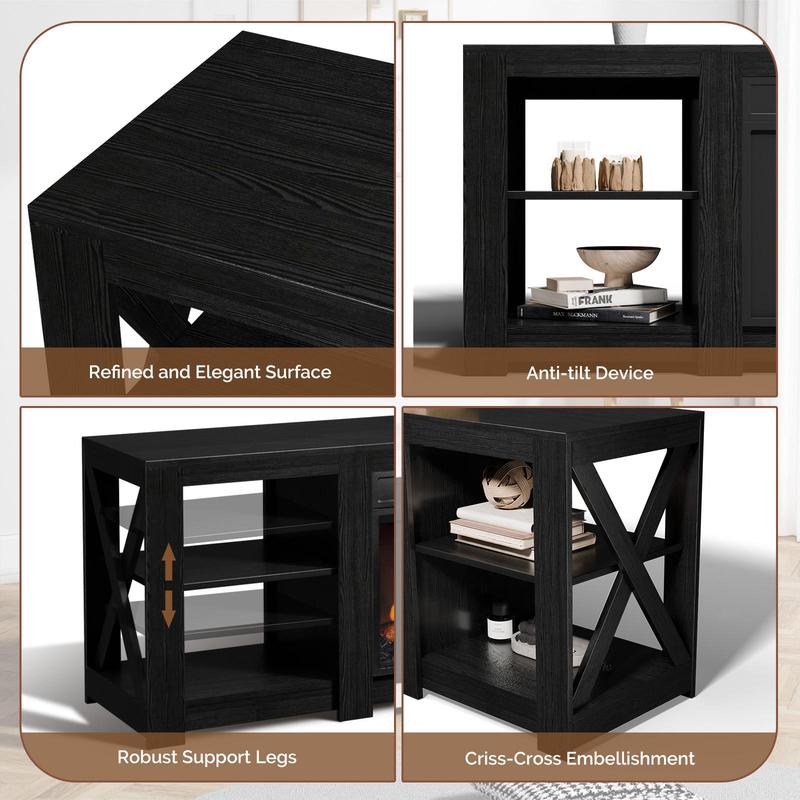 Karlhome Fireplace TV stand, farmhouse-style entertainment center for 70-inch TVs, with electric fireplace heater and adjustable shelves, living room fireplace media control table.