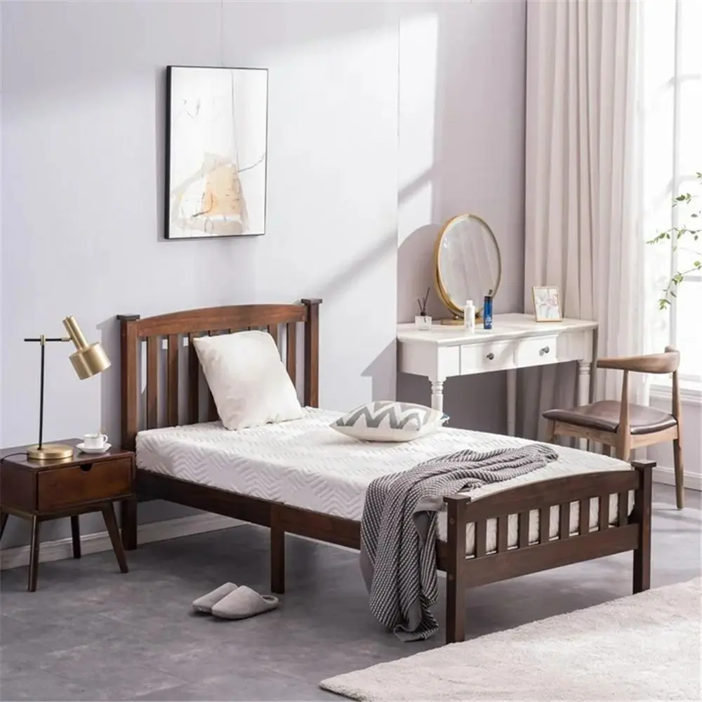 Minimalist Coffee Brown Twin Pine Single-Layer Wood Frame Bed, 78.9x42.5x39in, Curved Headboard with Arched Panels & Vertical Strips, Curved Ends Footboard, for 1 Person