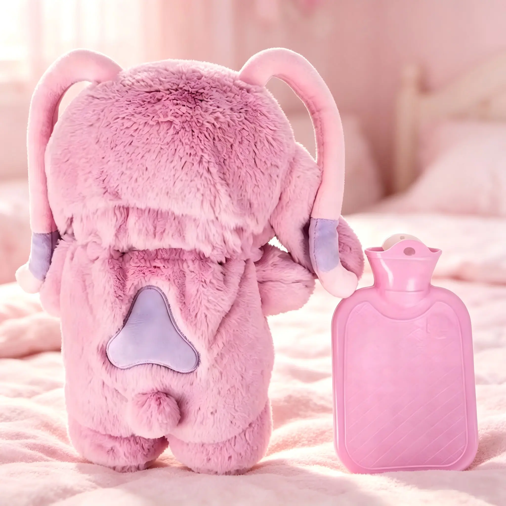 Kawaii Doll Look Delights Hot Water Bottle -Cotton Pink Water-Filled Hand Warmer, CuteCharacter Fluffy Friends Stuffed Toy, IdealValentine's Day Gift for Women on Chilly Days