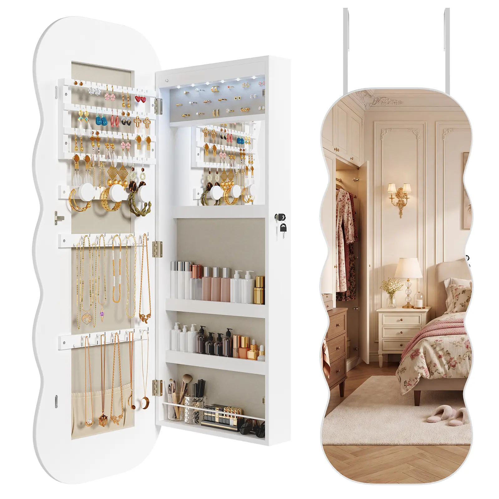 Sweetcrispy Women's Wavy Full-Length Mirror Lockable Jewelry Armoire, Wall-Over Door Hanging Organizer with LED Lights, Large-Capacity Makeup Storage Cabinet, Jewelry Organizer