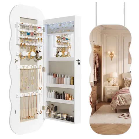 Sweetcrispy Women's Wavy Full-Length Mirror Lockable Jewelry Armoire, Wall-Over Door Hanging Organizer with LED Lights, Large-Capacity Makeup Storage Cabinet, Jewelry Organizer