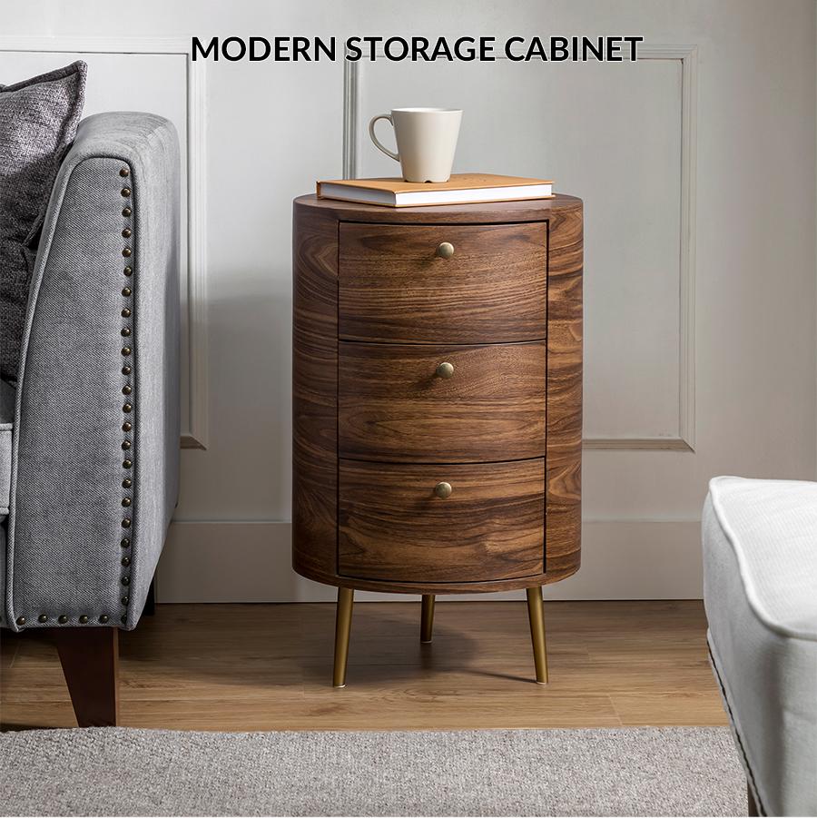 Hulala Etta 26'' Tall Drum 3 Drawer End Table, Solid and Manufactured Wood, with Square Drawers and Storage Cabinet, Metal Legs