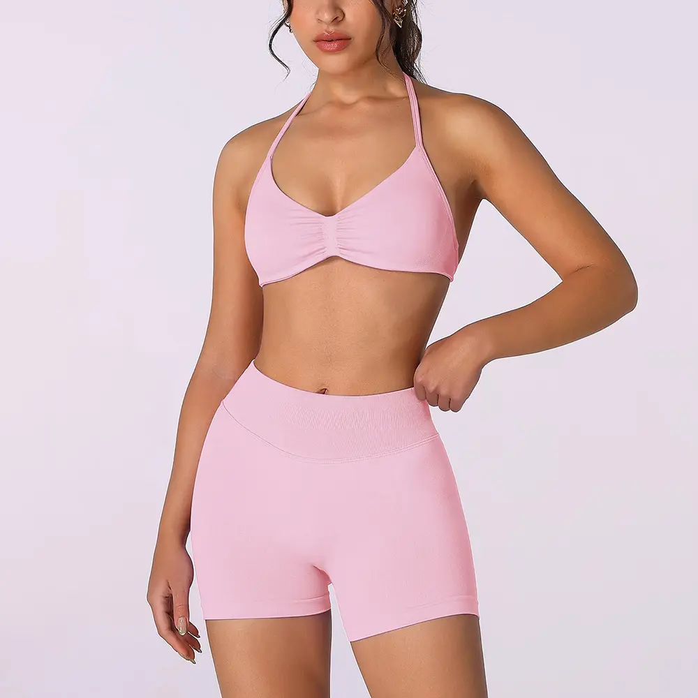 Women's Solid Backless Halter Crop Top & High Waist Shorts Workout Gym Yoga Set, Sporty Breathable Comfy Fitness Outfits for Women, Ladies Gym Clothes, Activewear, Valentine's Day Gift