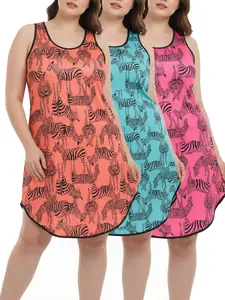 Women’s Plus Size Summer Pajama Dress Set, 3-Piece Loose Casual Outfit with Tank Tops and Zebra Print, Three Colors Available