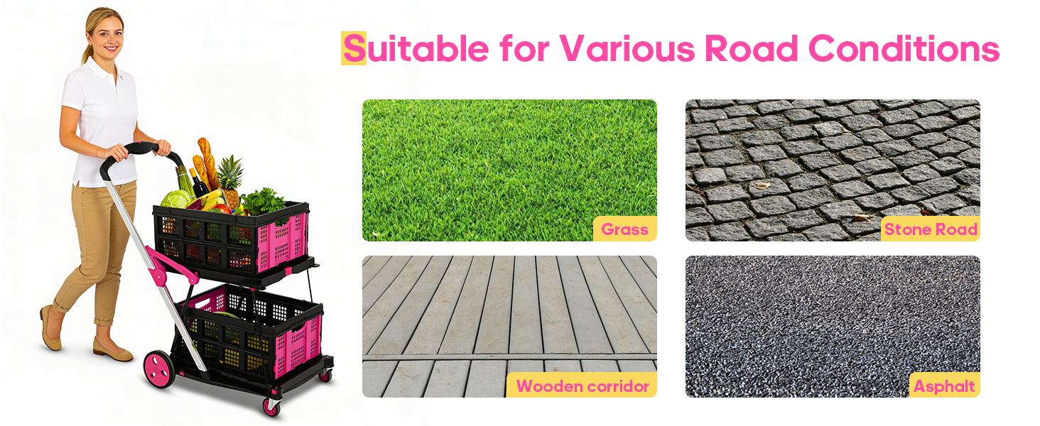 ULTIMATE Foldable Utility Cart with Wheels - 2-Layer Heavy Duty Folding Wagon for Grocery,Office & Garden, Multi-Functional Storage Trolley for Cosmetics,Luggage & Warehouse,4 Color Options (Blue/Full Pink/Black Pink/Purple)