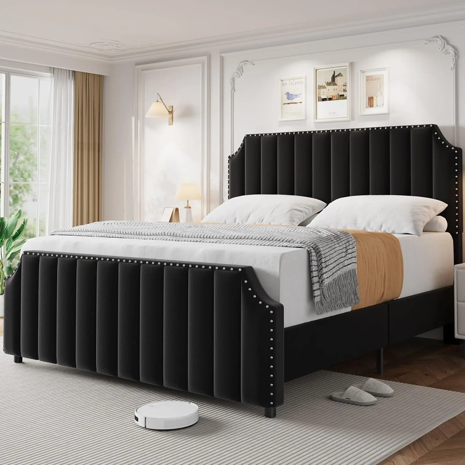 50" Tall Velvet Platform Storage Bed Frame - Elegant Vertical Channel Tufted Headboard & Footboard with Nailhead Trim, Strong Wooden Slats, Box Spring Not Required, Easy Assembly for Modern Bedroom, Elegant Bed Frames, Classic Modern Bed Frames