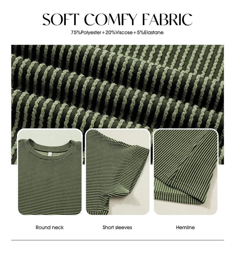 EVALESS Women's Solid Short Sleeve T Shirts Tops Ribbed Knit Striped Crewneck Casual Loose Fit T Shirts 2026 Womenswear Springtok Summer Outfits