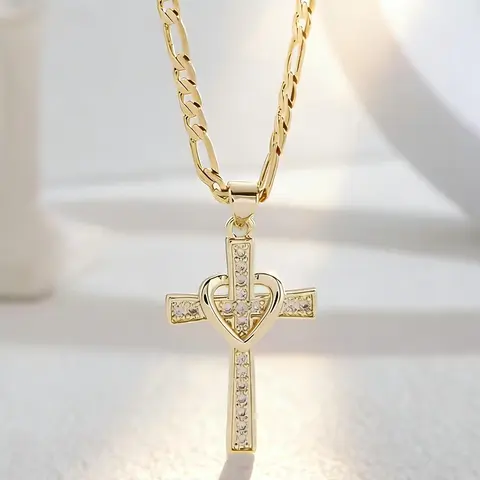 14K Gold Plated Heart Cross Necklace for Women, CZ Crystal Faith Pendant Figaro Chain Religious Jewelry Gift