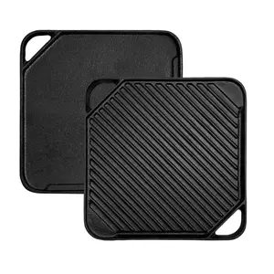 Reversible Cast Iron Grill/Griddle Pre-Seasoned Cooking Use on Stove, Grill, or Campfire pan Heavy-Duty, Home Korean BBQ Multi-Function Cooking skillet comal para tortillas Barbecue Utensils mexican kitchen cookware charcoal