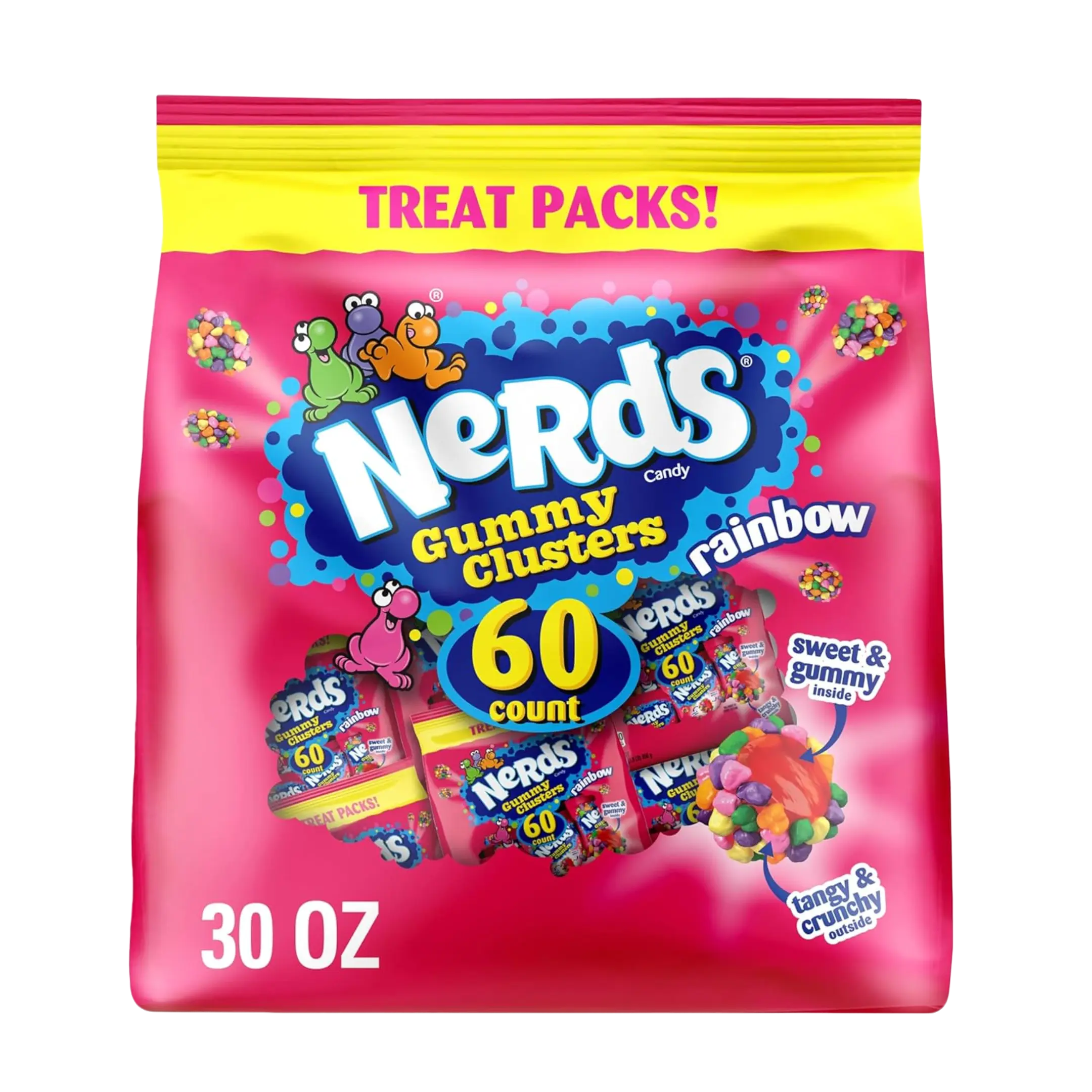 NERDS Original Gummy Clusters Rainbow Flavor Ferrara Candy Company Snack - Tangy Crunchy Outside, Juicy Center, Sweet Fruity Notes, Bite-Sized, Kids Party Treats, All Ages, Includes Gelatin, 30oz Bag (60 Ct) Novelty Candy
