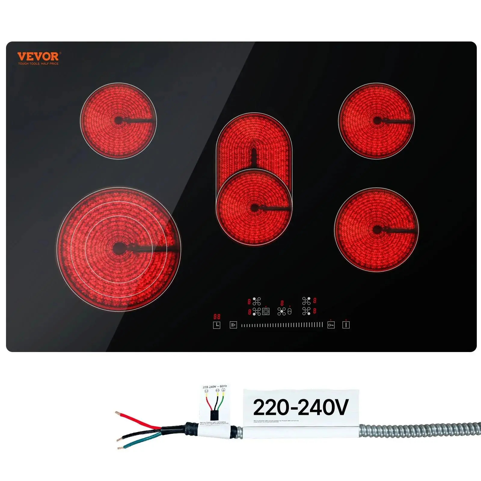 【Summerfinds】VEVOR Built-In Electric Induction Stovetop, 30.3x20.5in 5-Burner 240V Modern Glass Radiant Cooktop, Stainless Steel & Aluminum Components, Sensor Touch Control, Timer, Safety Locks, 9 Power Levels for Simmer, Fry, Glass Surface
