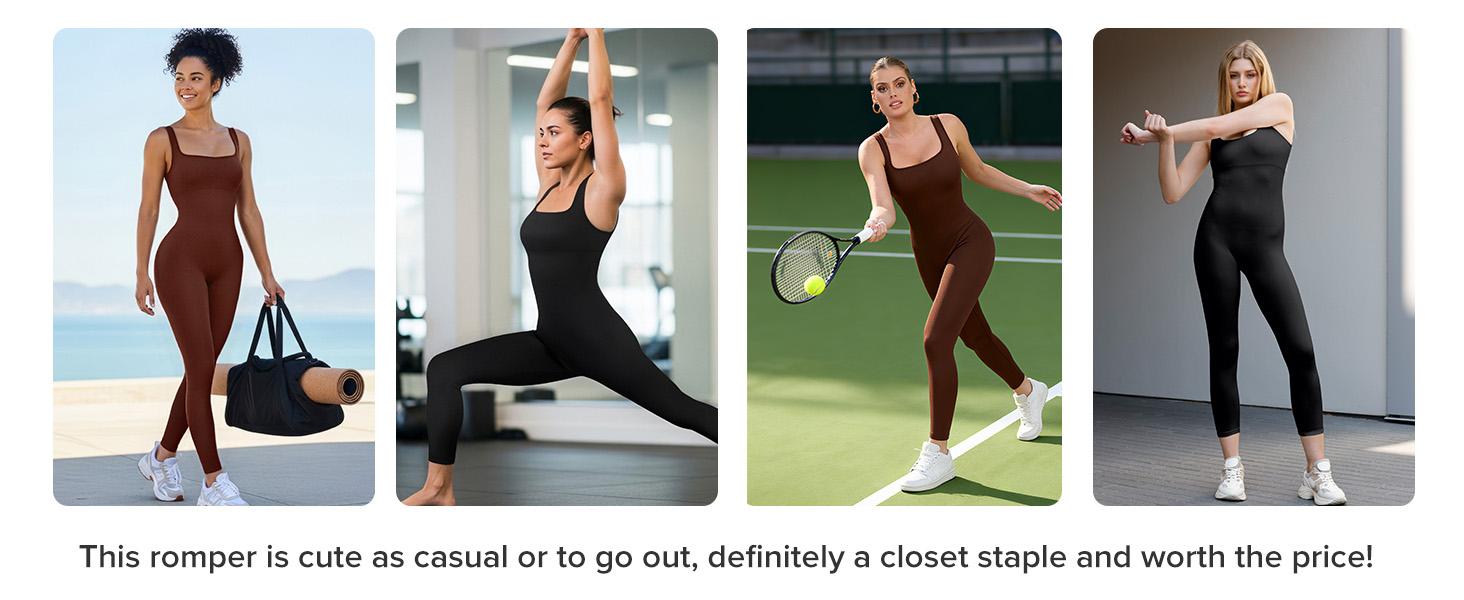 BRXL Built-in Bra Jumpsuit Stretch Sportswear Stylish Sportswear Women's Square Neck Ribbed Sleeveless Seamless Jumpsuit with Tummy Control Suitable for Casual Wear Fitness Yoga -1