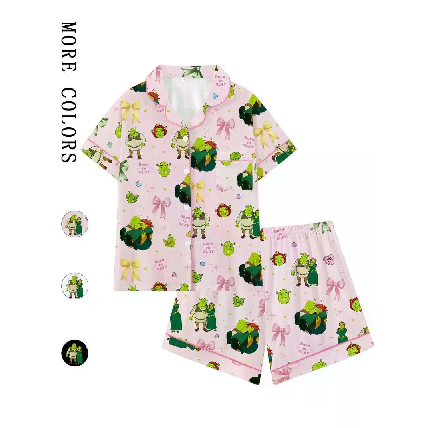 Youth Shrek Movie Cartoon Print Bow Collar Short Sleeve Pajama Set - Comfortable All-Season Sleepwear & Loungewear - Perfect Princess Fiona Gift - Loose-Fitting Design