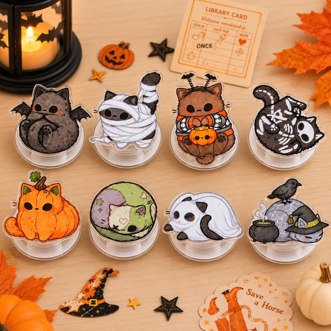 Spooky Halloween Cat Phone Grip  Cute Bat, Mummy, Skeleton & Pumpkin Kitty MagSafe Holder, E-Reader Stand