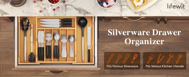 Lifewit Silverware Drawer Organizer, Expandable Utensil Tray for Kitchen, Bamboo Flatware & Cutlery Holder, Sturdy Wooden Design