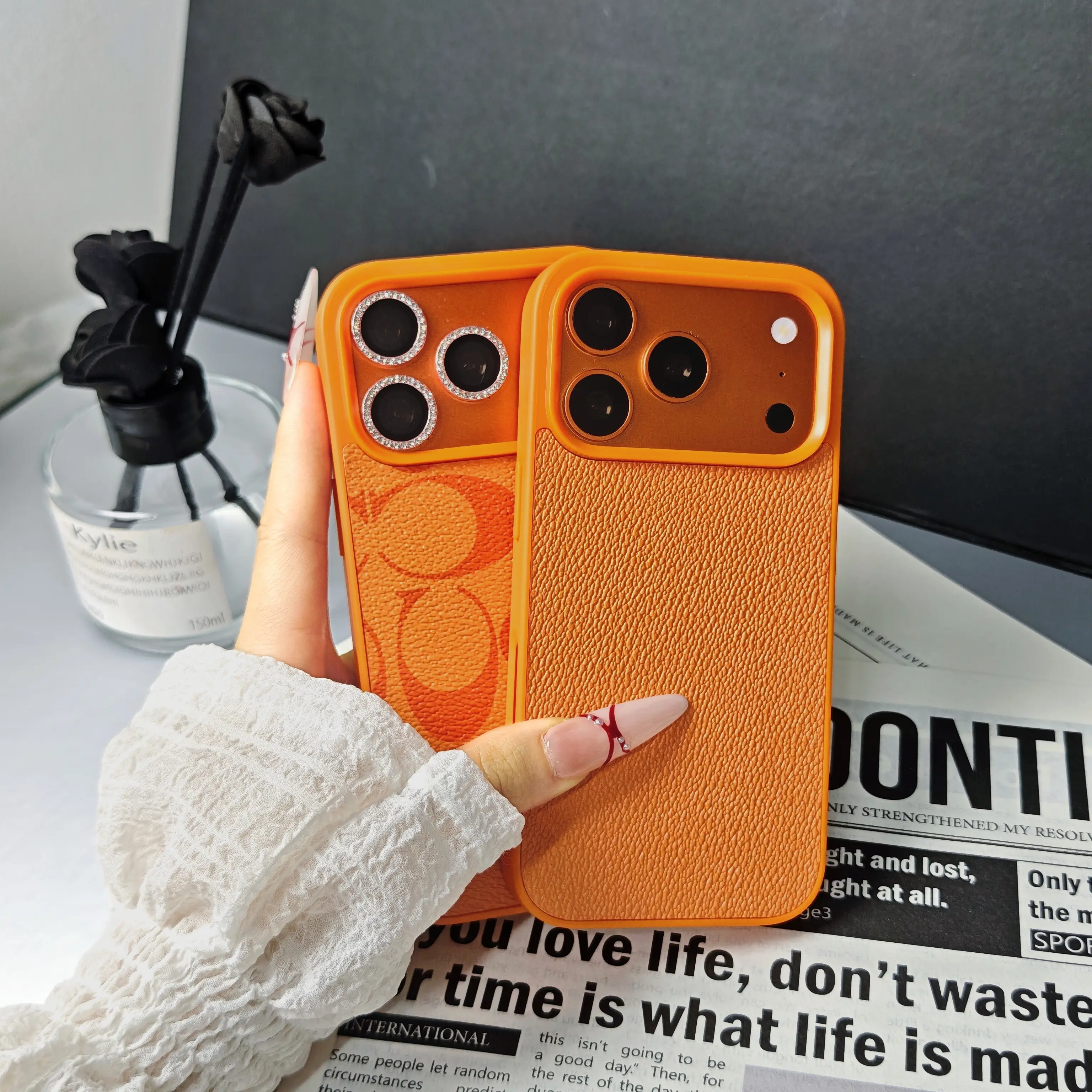 iPhone 17 Pro Max Designer Case: Luxury Leather iPhone Case Compatible with iPhone 16 Pro Max iPhone 15 14 13 and Plus air Series Models Available in Multiple Colors Orange Leather Case (1-Pack with Pattern)
