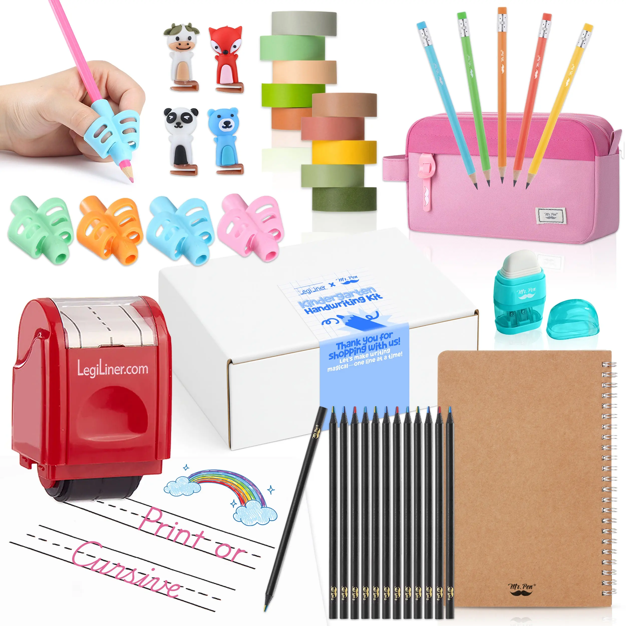 Mr. Pen x LegiLiner Handwriting Practice Kit for 1st Grade Early Learners - Self-Inking Stamp, 1/2" or 3/4" Lines, 8 Hand-Selected Tools, Pencil Grips, Practice Book, Colored Pencils, Guide, Pouch, Kid-Approved Back to School Set, Back To School Haul