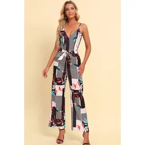 Printed Spaghetti Strap Tied Jumpsuit