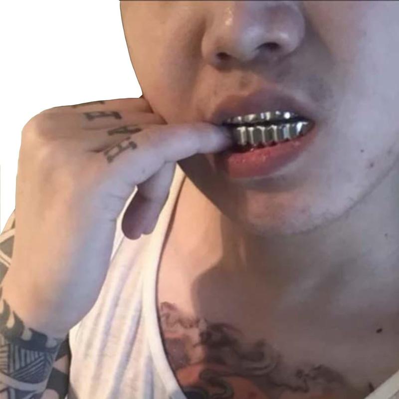 Gifts for Men 24K Gold Plated Hip Hop Teeth Grillz Punk Custom Fit Teeth Grillz Caps Top & Bottom Grill Set Removable Hip Hop Mouth Grills For Women Men Gift Halloween Party Photo Fancy Dress Accessories