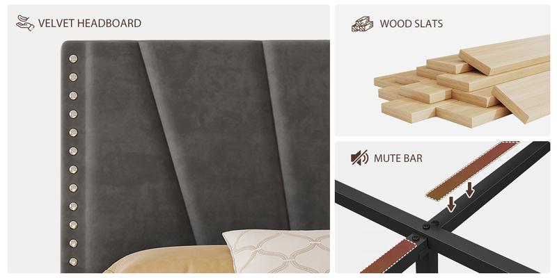 Upholstered Bed Frame for King Queen Fullwith LED & USB Ports,No Mattress, Modern Luxury Platform Bed Frame with Headboard and Storage Shelf, No Noise, Holds 800lbs, Wood Slats & Metal Frame, Gray, Beige