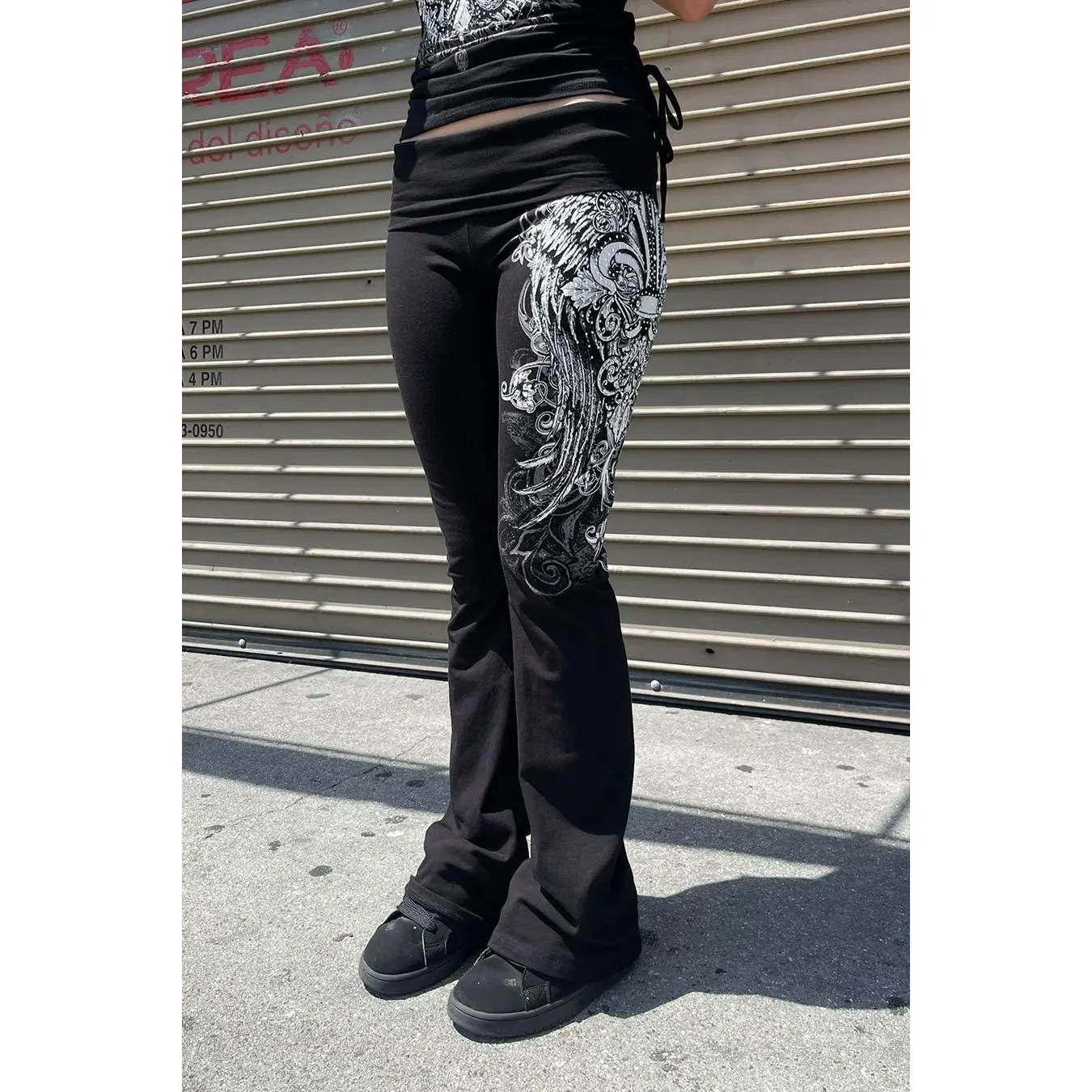 Y2K McBling Fleur De Lis Jeweled Rhinestone Print Fold-Over Flare Pants