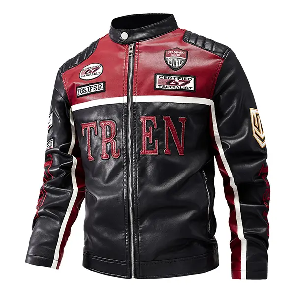 Men’s Fitted American Vintage Racing PU Leather Biker Riding Jacket - Red/Black Color Blocking, 3D Embroidered Lettering, Streetwear Design with Multiple Patch Badges, Stand Collar