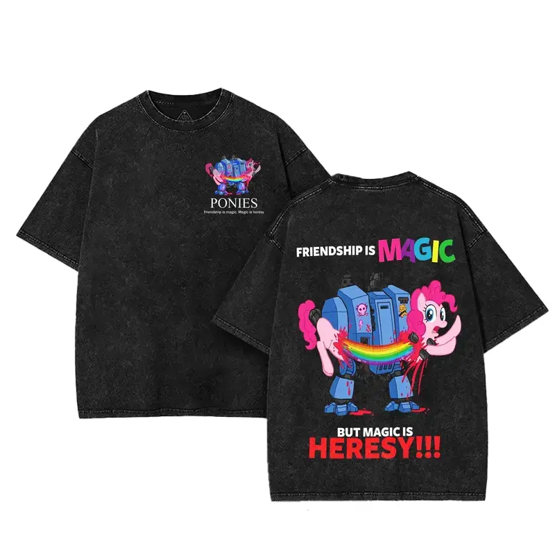 Epic Warhammer 40k x My Little Pony Crossover Hoodie: Washed 2-Sided Printed Oversize Unisex Cotton Design, Funny Game 40k Graphic Tee & Warhammer Fan Gifts