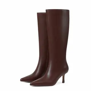Knee High Kitten Heels Boots Women Faux Leather Boots Low Heel Square Toe Side Zipper Fall Long Tall Boots for Women