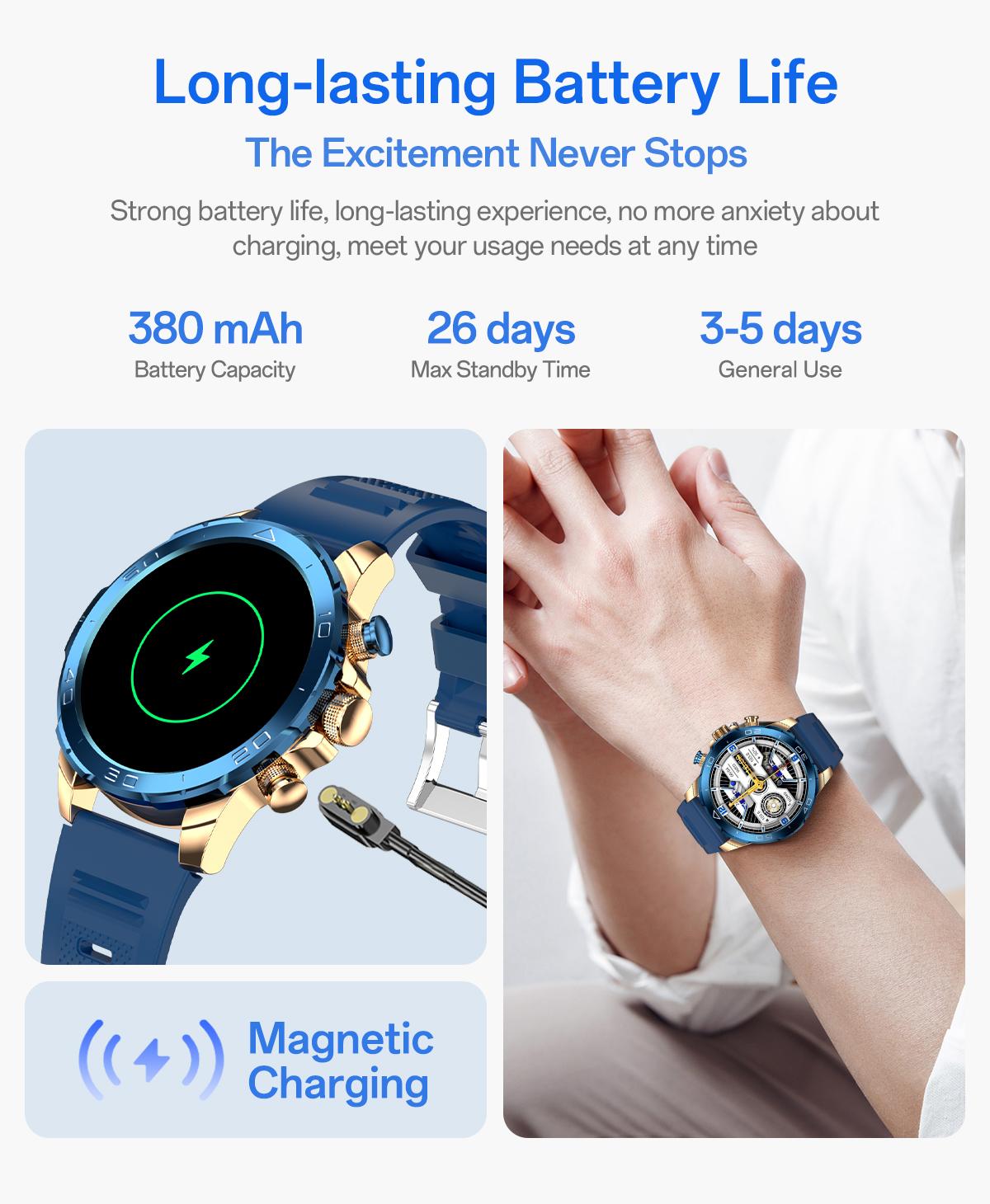 【GOLD-PLATED & FULL METAL BODY】Aolon Luxor Smart Business Watch, IP68 waterproof, with running speed tracking, DIY health monitoring, outdoor sports features, 128MB memory, and up to 26 days standby.