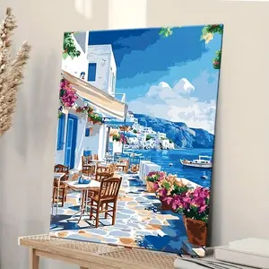 Wooden Frame Canvas Painting - Charming Greek Island Café with Blue Water, Vibrant Mediterranean Art for Living Room, Bedroom, or Bathroom Decor, Coffee Bar Decor	