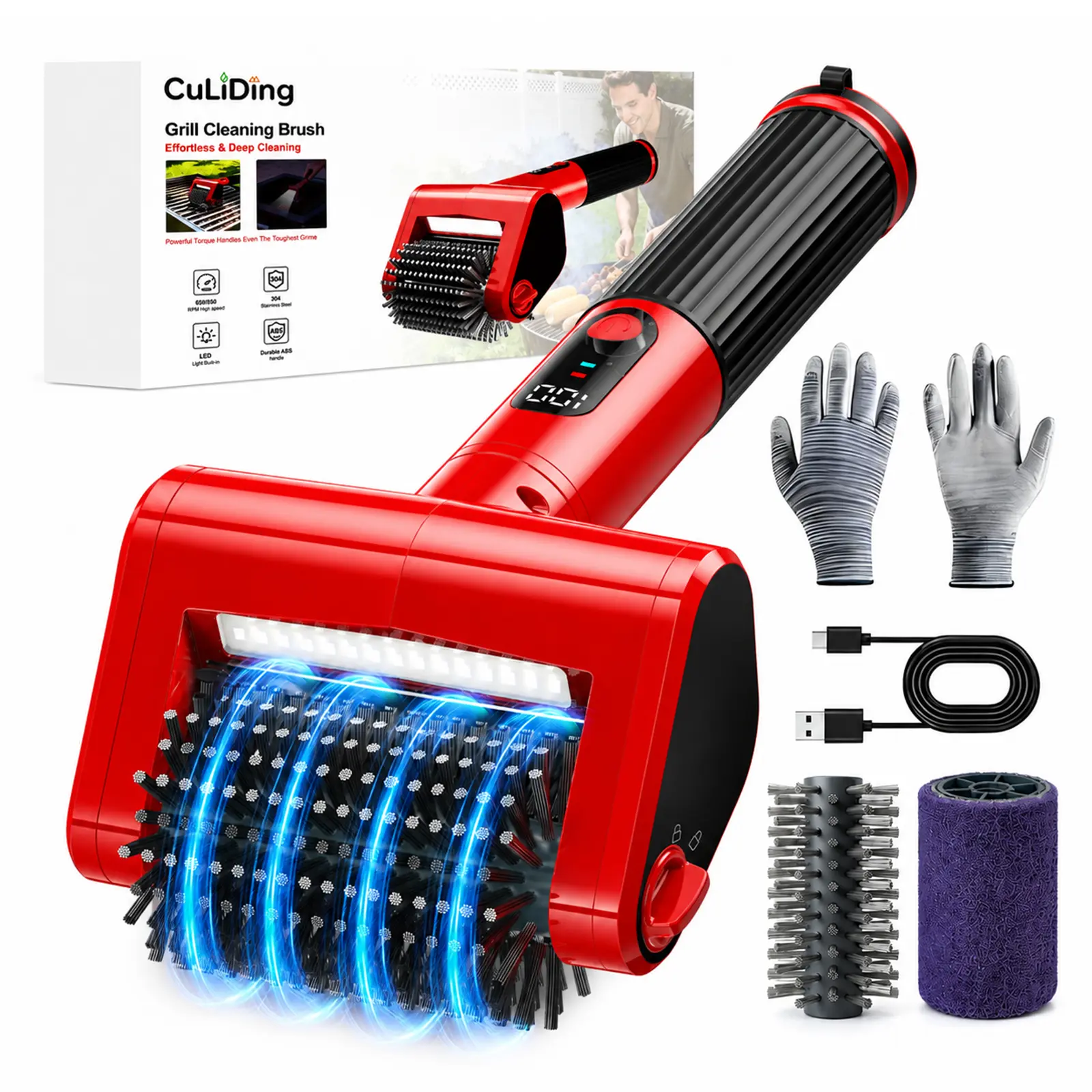 CuLiDing Rechargeable Stainless Steel Cordless Electric Grill Brush - 800 RPM 2-Speed High-Power Grill Cleaner, 4000mAh BBQ Accessory with LED Light, Non-Shedding Brush, 2 Scouring Pads for Gas/Charcoal Grates, Automated Scrubbing Saves Arm Fatigue