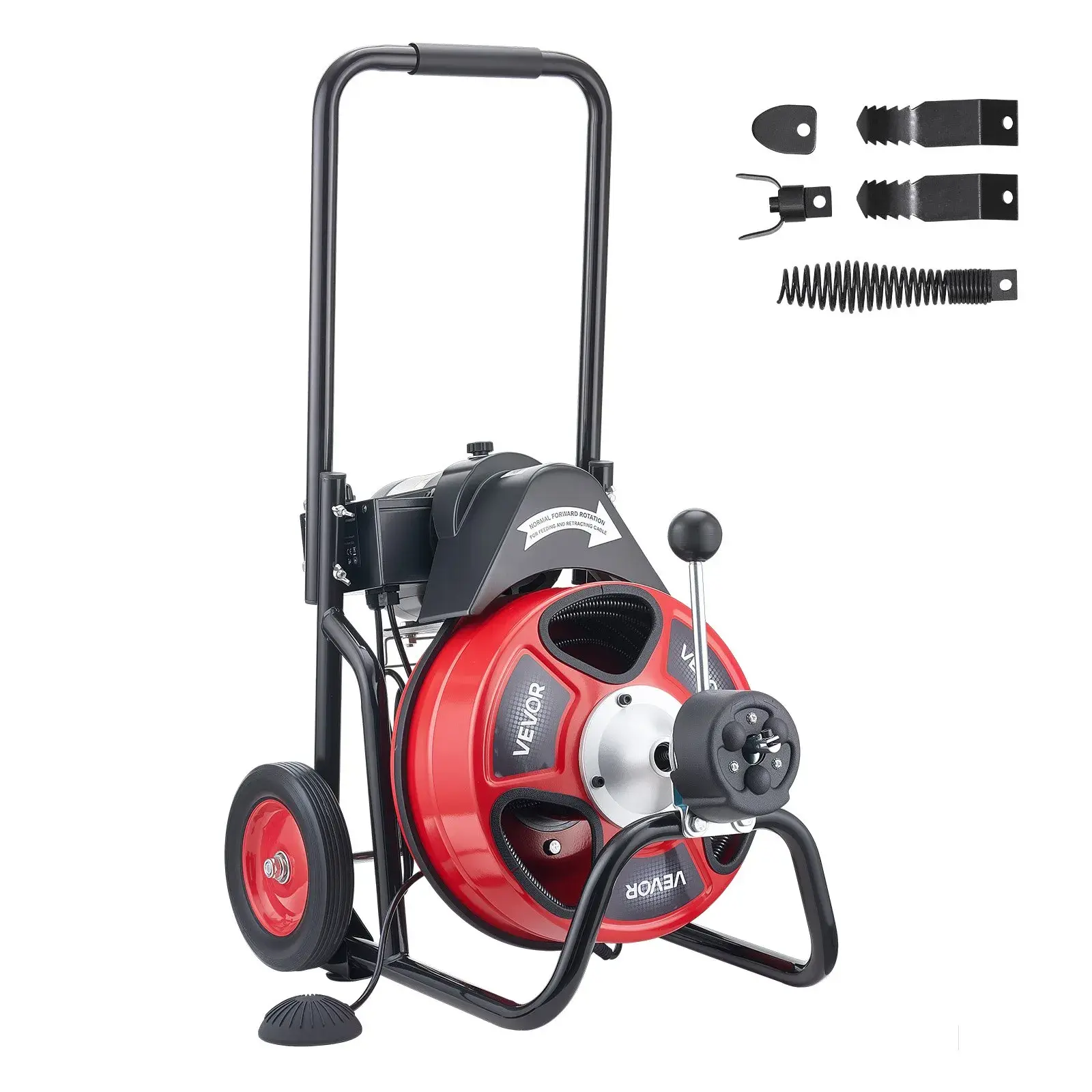【Summerfinds】VEVOR Auto-Feed Drain Cleaner Machine with 100 FT x 3/8 Inch Steel Cable, 1700 RPM Portable Sewer Snake Auger on Wheels, 4 Cutters, Air-Activated Foot Switch for 2"-4" Pipes, Drain Opener for Pipe Unclogging, Clears Sink, Toilet, And Sewer Cl
