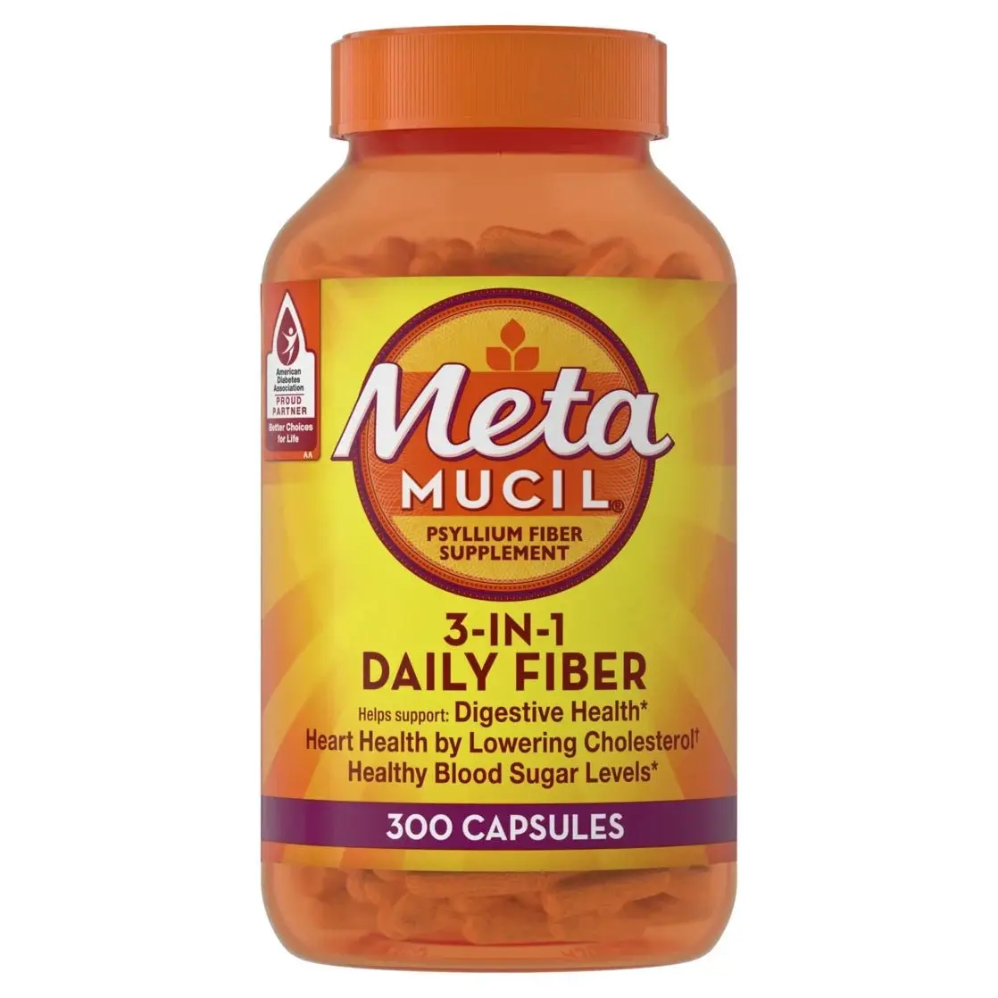 Meta Mucil 3-in-1 Psyllium Fiber Supplement - 300 Capsules for Digestive & Heart Health Plant-Based Fiber Capsules