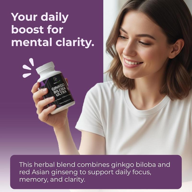 Ginkgo Biloba Ultra with Red Asian Ginseng 1420mg 60 Vegetarian Capsules Memory Focus Support Supplement Herbal Blend
