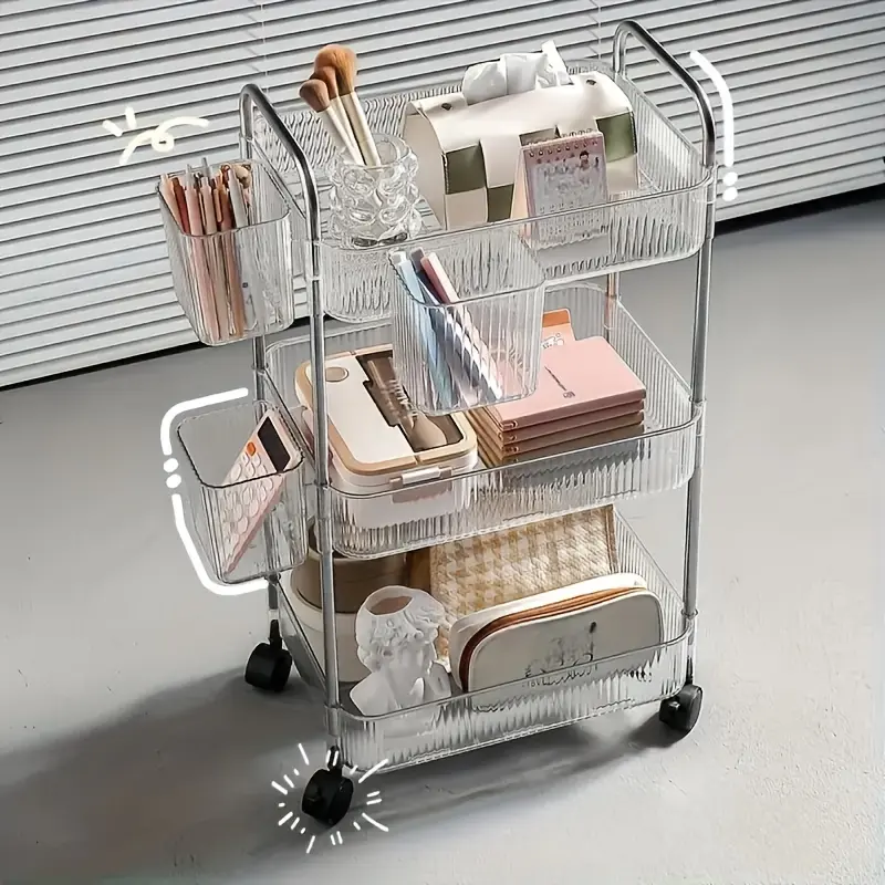 3 Tier Acrylic Rolling Storage Cart with Wheels, 25.2*13.4*8.2Inch Clear Acrylic Utility Trolley with Handle, With 3 Hanging Cups, Durable Plastic & Metal Frame, Easy Assembly, 360° Swivel Casters