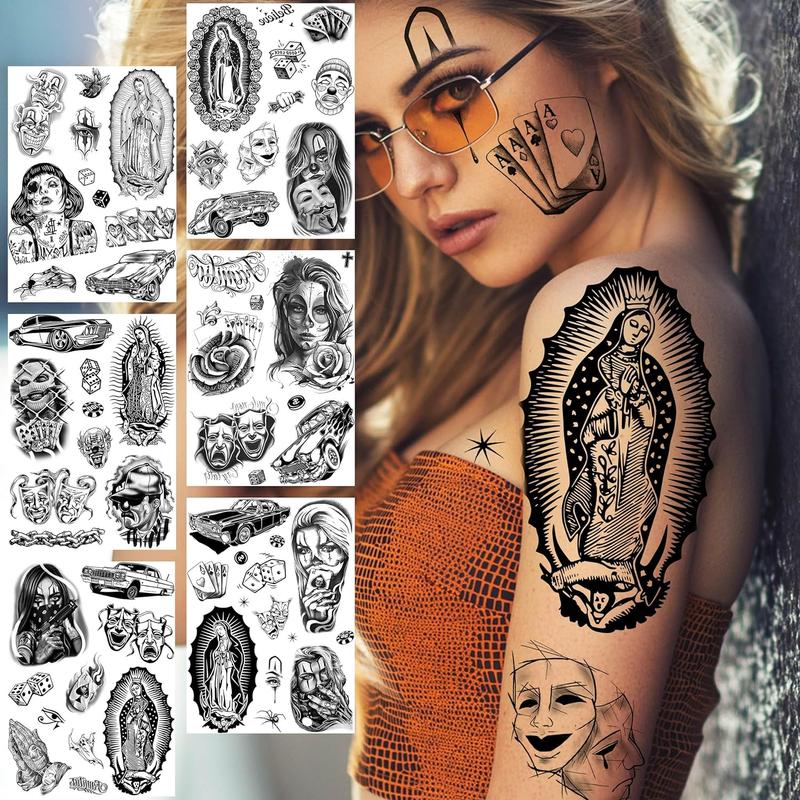 6 Sheets Large Chicano Temporary Tattoos For Men Women Adult, Chicana Guadalupe Gangster Fake Tattoos Prisoner Day of the Dead, Mexico Tattoo Stickers, Tatuajes Temporales Autocolante sticker tattoo sleeve rising sun tattoo
